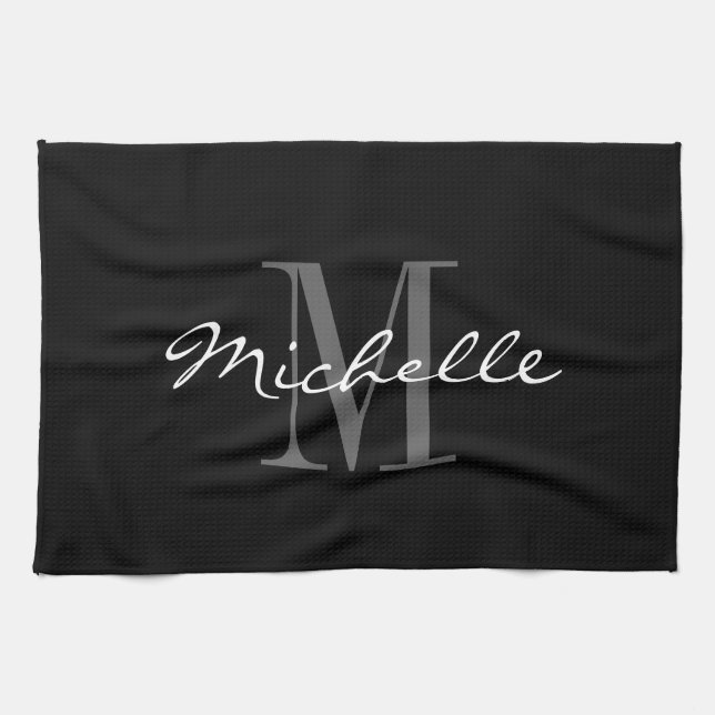Glamourous black and white monogram kitchen towel (Horizontal)