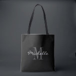 Glamourous black and white monogram tote bag<br><div class="desc">Glamourous black and white monogram tote bag. Stylish monogrammed design with script typograpgy for personalized name. Add your own custom initial letter. Classy party favour gift idea for chic wedding, fancy Birthday, anniversary, bachelorette, engagement, girls weekend, bridal shower etc. Customizable background colour. Trendy accessories for women and girls. Make your...</div>