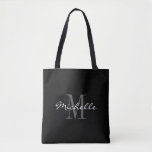 Glamourous black and white monogram tote bag<br><div class="desc">Glamourous black and white monogram tote bag. Stylish monogrammed design with script typograpgy for personalized name. Add your own custom initial letter. Classy party favour gift idea for chic wedding, fancy Birthday, anniversary, bachelorette, engagement, girls weekend, bridal shower etc. Customizable background colour. Trendy accessories for women and girls. Make your...</div>