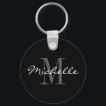 Glamourous black and white name monogram keychain<br><div class="desc">Glamourous black and white name monogram keychain. Classy script typography and custom background colour. Elegant design for men women and kids. Monogrammed with your name initial letter. Cute birthday gift idea for dad, father, mom, mother, husband, wife, son, daughter etc. Also nice as party favour at chic weddings, reunion, graduation...</div>