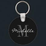 Glamourous black and white name monogram keychain<br><div class="desc">Glamourous black and white name monogram keychain. Classy script typography and custom background colour. Elegant design for men women and kids. Monogrammed with your name initial letter. Cute birthday gift idea for dad, father, mom, mother, husband, wife, son, daughter etc. Also nice as party favour at chic weddings, reunion, graduation...</div>