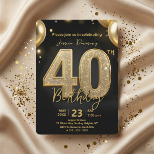 Glamourous Black Gold Glitter 40th Birthday Party Invitation