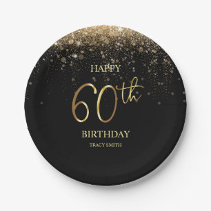 Glamourous Black Gold Glitter 60th Birthday Paper  Paper Plate