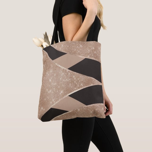 Glamourous Black Gold Glitter Curved Triangle Geo Tote Bag (Close Up)