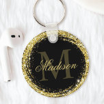 Glamourous Black Gold Glitter Monogram Name Keychain<br><div class="desc">Easily personalize this luxury glam gold glitter framed keychain with your custom name and monogram.</div>