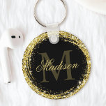 Glamourous Black Gold Glitter Monogram Name Keychain<br><div class="desc">Easily personalize this luxury glam gold glitter framed keychain with your custom name and monogram.</div>