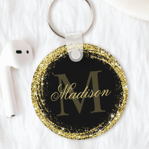 Glamourous Black Gold Glitter Monogram Name Keychain
