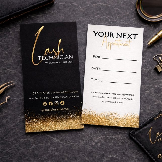 Glamourous Black & Gold Lash Tech Appointment Card (Creator Uploaded)