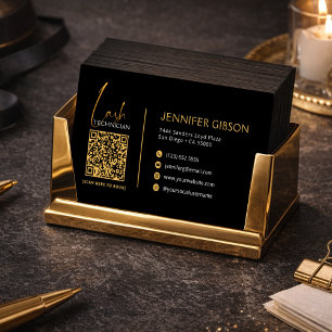 Glamourous Black & Gold Lash Tech QR Code  Business Card