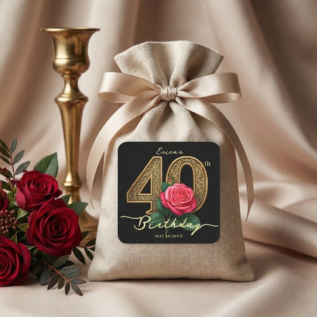 Glamourous Black Gold Red Rose Floral 40th Birthda Square Sticker (Creator Uploaded)