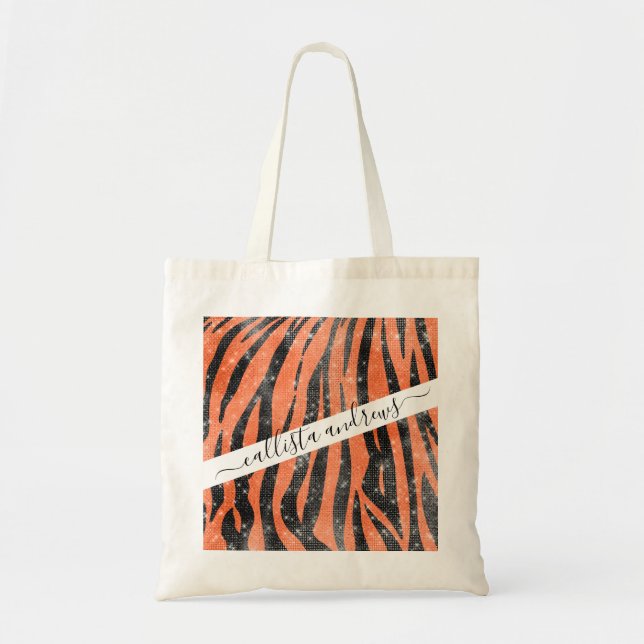 Glamourous Black Orange Glitter Animal Tiger Strip Tote Bag (Front)