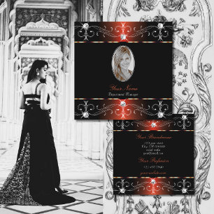 Glamourous Black Orange Ornate Ornaments with Phot Square Business Card