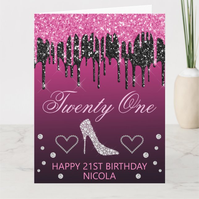 Glamourous Black & Pink Dripping Glitter Birthday Card (Front)