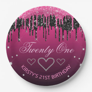 Glamourous Black & Pink Dripping Glitter Birthday Paper Plate