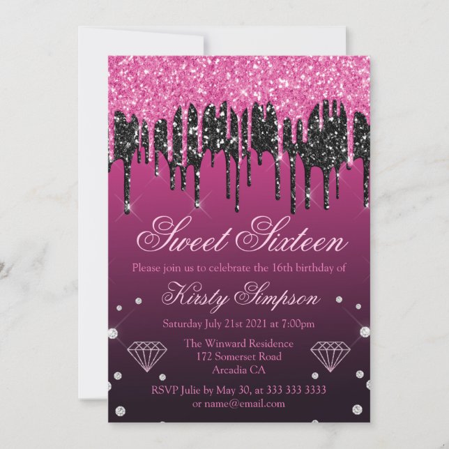 Glamourous Black & Pink Dripping Glitter Sweet 16 Invitation (Front)