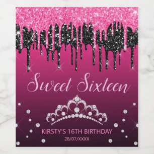 Glamourous Black & Pink Dripping Glitter Sweet 16 Wine Label
