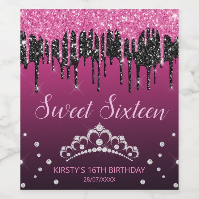 Glamourous Black & Pink Dripping Glitter Sweet 16 Wine Label (Single Label)