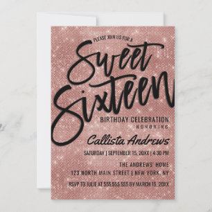 Glamourous Black Rose Gold Glitter Sequins Sweet 1 Invitation