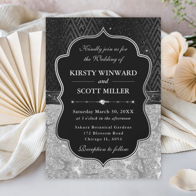 Glamourous Black Silver Giraffe Spots Wedding Invitation (Creator Uploaded)