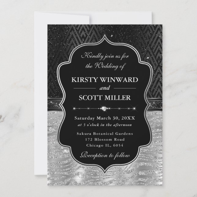 Glamourous Black Silver Zebra Stripes Wedding Invitation (Front)