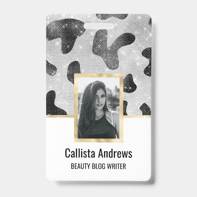 Glamourous Black Sparkly Glitter Sequins Cow Print Badge (Front)