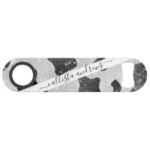 Glamourous Black Sparkly Glitter Sequins Cow Print Bar Key