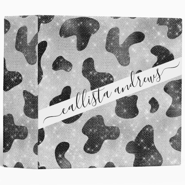 Glamourous Black Sparkly Glitter Sequins Cow Print Binder (Front/Spine)