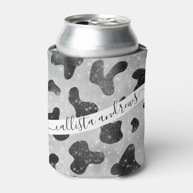 Glamourous Black Sparkly Glitter Sequins Cow Print Can Cooler (Can Front)