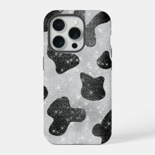 Glamourous Black Sparkly Glitter Sequins Cow Print iPhone 15 Pro Case