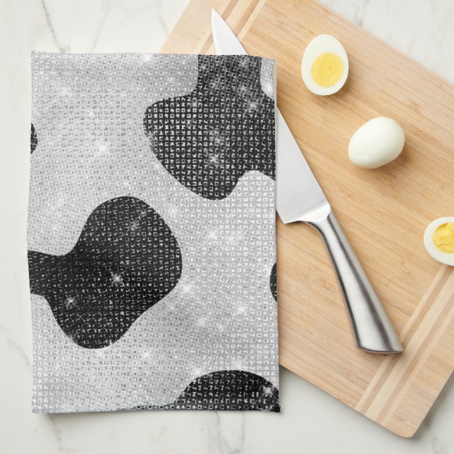 Glamourous Black Sparkly Glitter Sequins Cow Print Kitchen Towel (Quarter Fold)