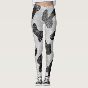 Glamourous Black Sparkly Glitter Sequins Cow Print Leggings