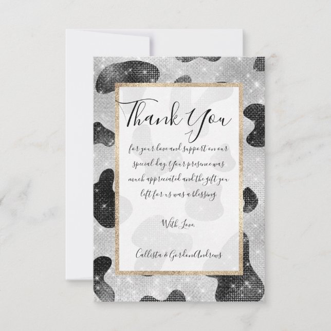 Glamourous Black Sparkly Glitter Sequins Cow Print Thank You Card (Front)