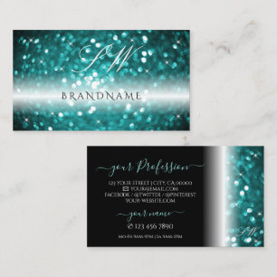 Glamourous Black Teal Sparkling Glitter Initials Business Card