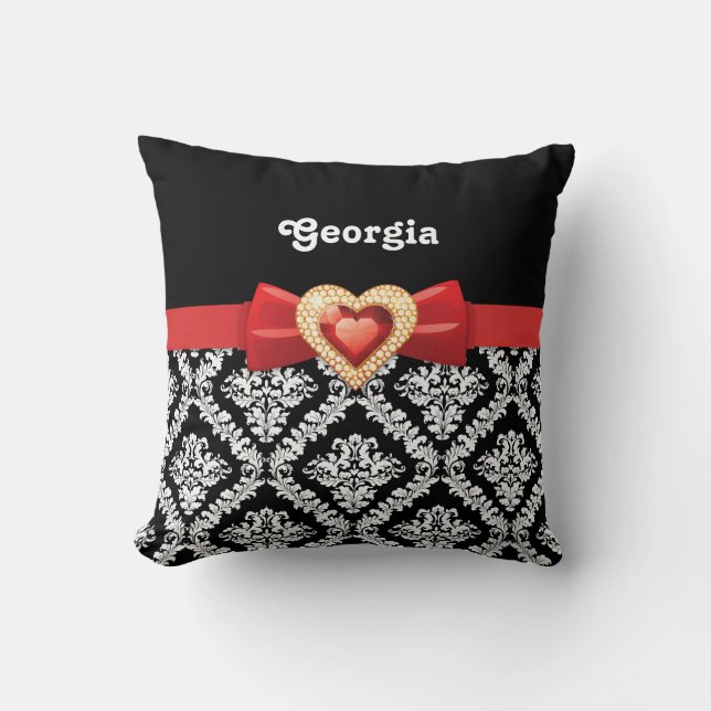 Glamourous Black white damask & red bow and jewel Throw Pillow (Front)