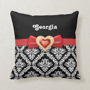 Glamourous Black white damask & red bow and jewel Throw Pillow
