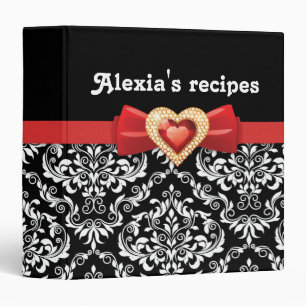 Glamourous black white damask with red bow & jewel binder