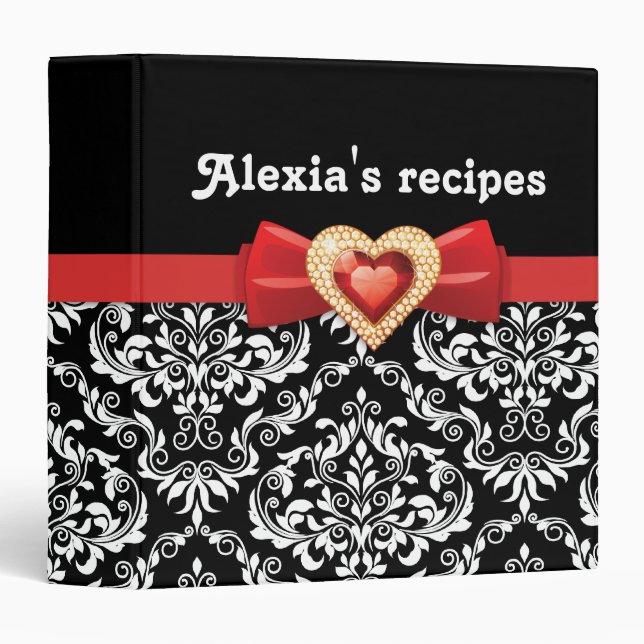Glamourous black white damask with red bow & jewel binder (Front/Spine)