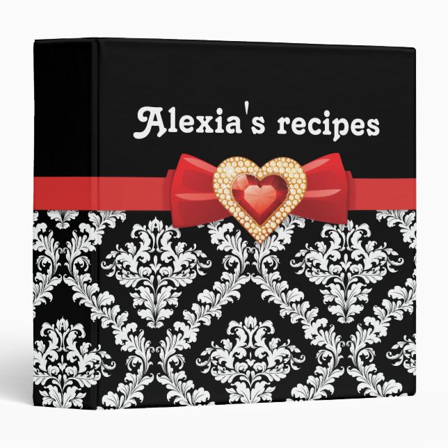 Glamourous black white damask with red bow & jewel binder (Front/Spine)