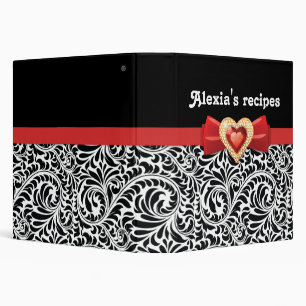 Glamourous black white damask with red bow & jewel binder