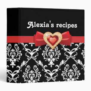 Glamourous black white damask with red bow & jewel binder
