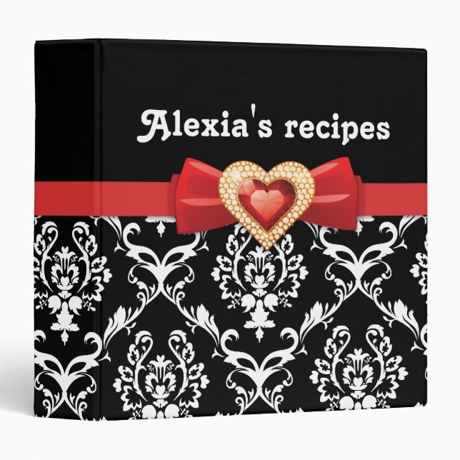 Glamourous black white damask with red bow & jewel binder (Front/Spine)
