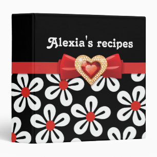 Glamourous black white floral with red bow & jewel binder