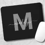 Glamourous Black White Name Monogram Mouse Pad<br><div class="desc">Personalized Elegant Modern Black and White Script Initial Monogram Mouse Pad. Add a touch of sophistication to your workspace with this chic mouse pad. It features a sleek grey initial centred on a crisp black background, complemented by a clean and modern design. Combining elegance with practicality, this mouse pad is...</div>