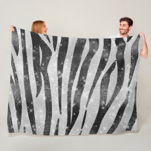 Glamourous Black White Sparkly Glitter Zebra Strip Fleece Blanket