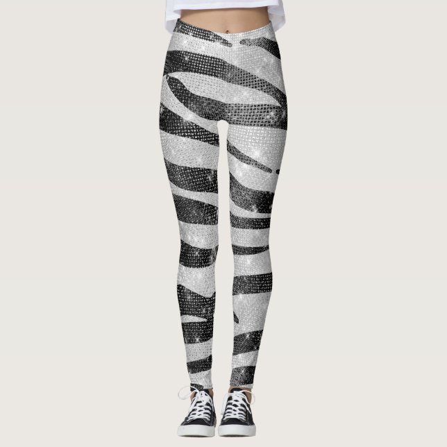 Glamourous Black White Sparkly Glitter Zebra Strip Leggings (Front)