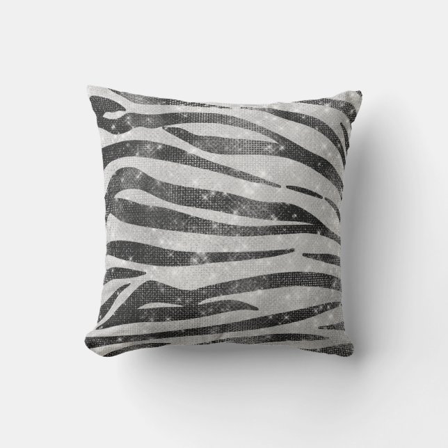 Glamourous Black White Sparkly Glitter Zebra Strip Outdoor Pillow (Front)