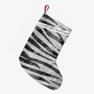 Glamourous Black White Sparkly Glitter Zebra Strip Small Christmas Stocking