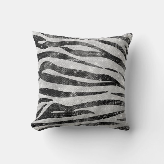 Glamourous Black White Sparkly Glitter Zebra Strip Throw Pillow (Front)
