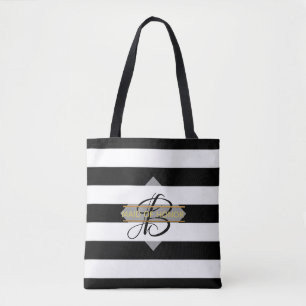 Glamourous Black White Stripe MONOGRAM Tote Bag
