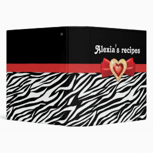 Glamourous black white zebra print, red bow & jewe binder
